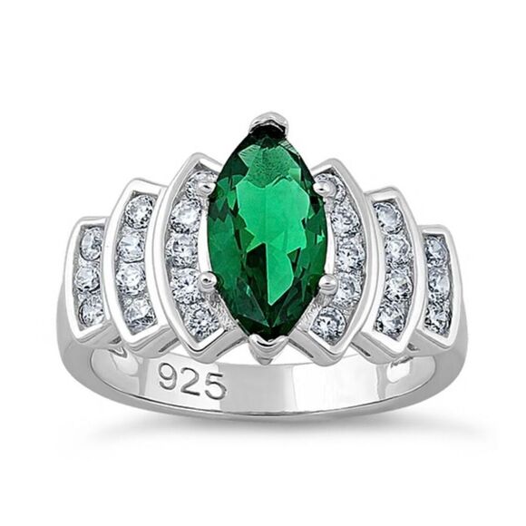 Sterling Silver Marquise Cut Emerald CZ Ring New - Picture 2 of 3